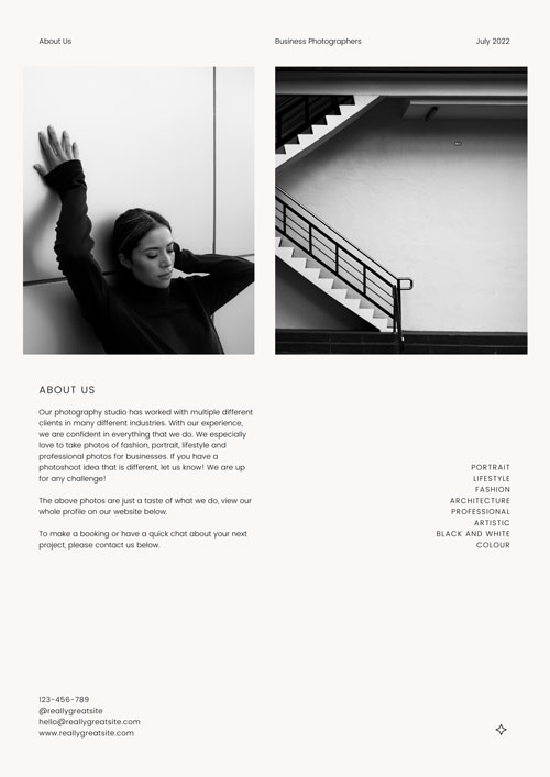 Canva Minimalistic Black and White About Us Photography Business Flyer