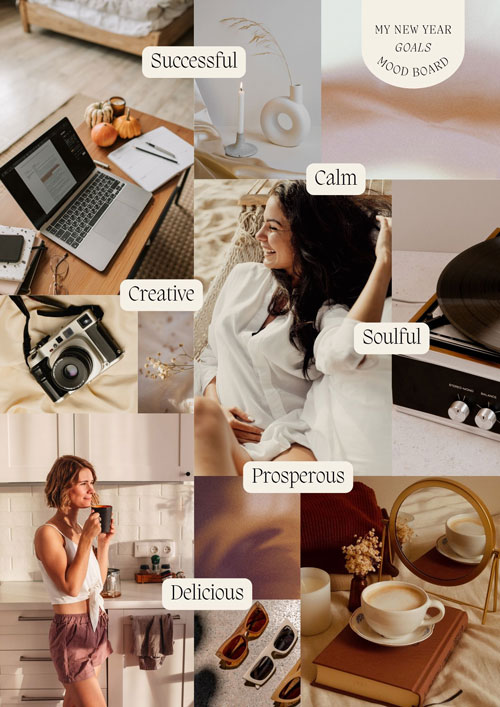 Canva Beige Earthy My New Year Goals Mood Board Poster