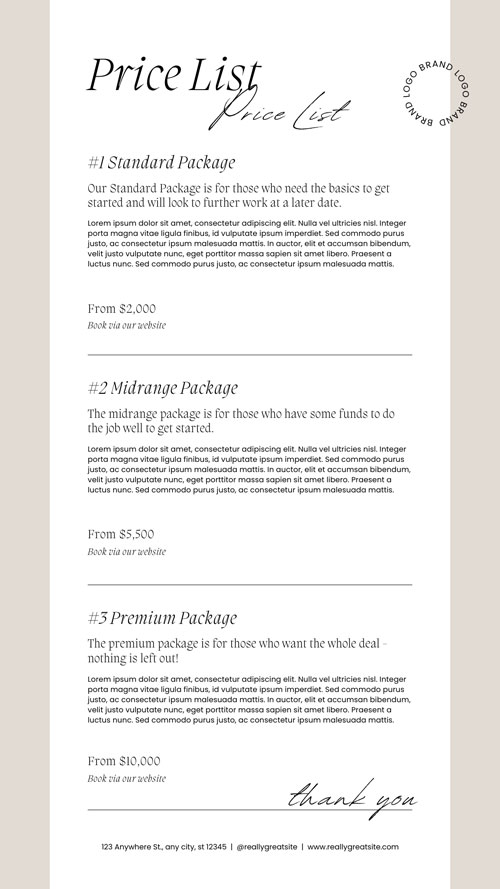 Canva Beige Modern Professional Service Packages Price List